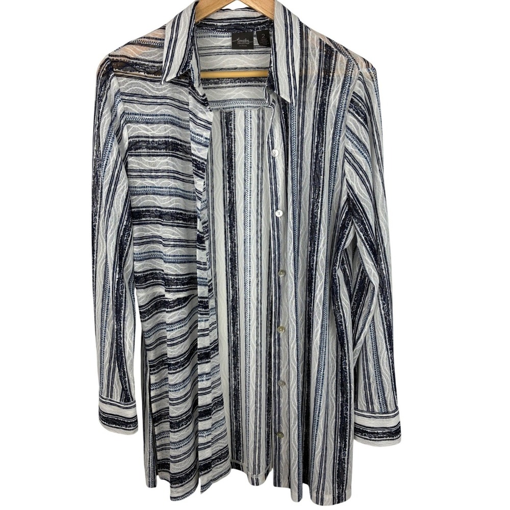 Chico's Travelers Collection Semi Sheer Mesh Striped Tunic Shirt Side Slits (L) - Picture 4 of 10